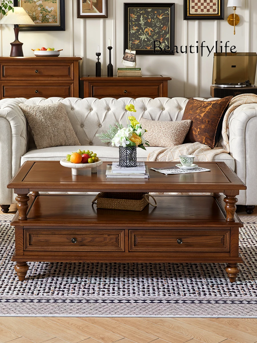 

American-Style Solid Wood Tea Table Antique Living Room Small Apartment Retro Coffee Table TV Cabinet Unit Home