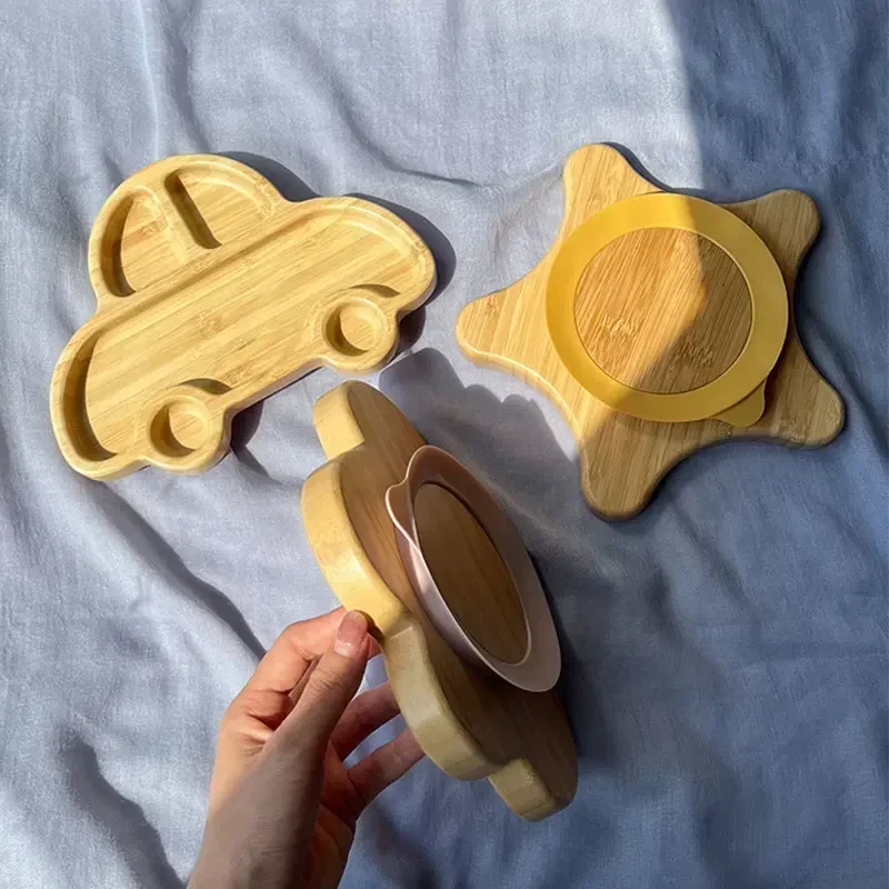 Children's Animal Pattern Bamboo Tableware with Base Suction Cup Baby Feeding Tableware Bamboo Plate Dinner Plate BPA Non-slip 2