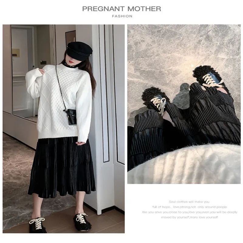 Pregnant Women New Autumn Winter Casual Skirt Simple Fashion Solid Color All-match Pleated Slim A-line Skirt Maternity Clothing