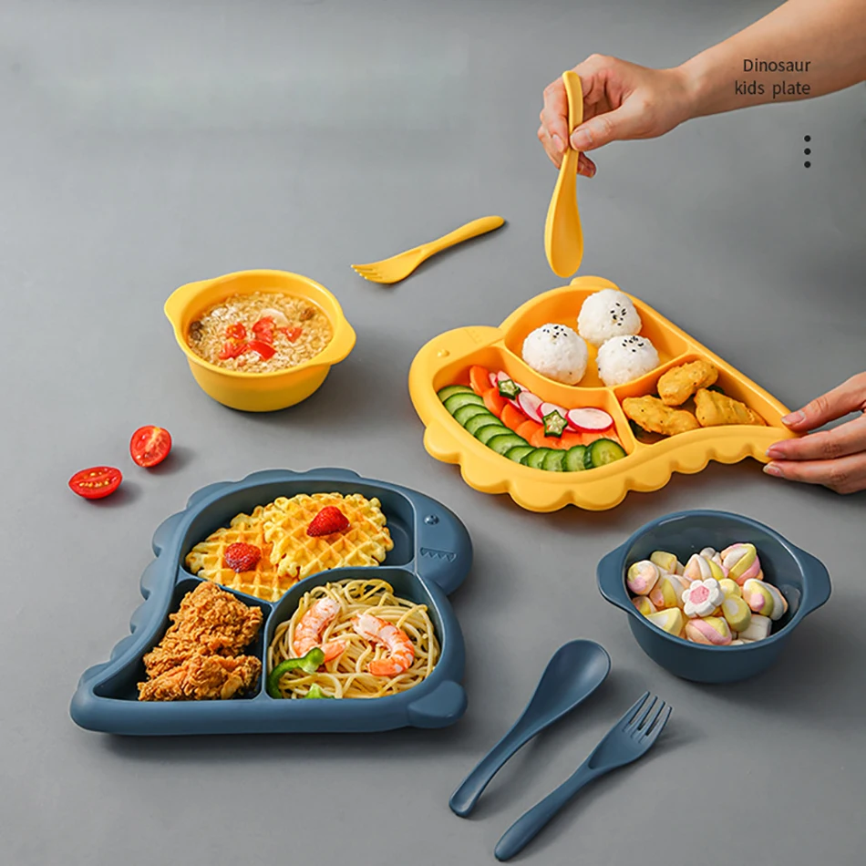 4 PCS Baby Bowls Plates Spoons Forks Food Tableware Set BPA Free Non-Silp Kid Dishes Dinosaur Food Feeding Bowl For Child