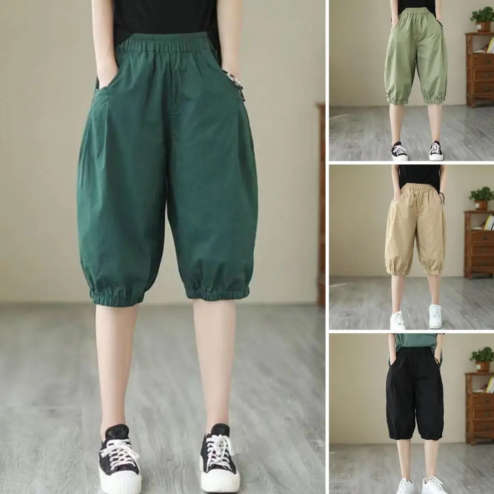 

Casual Wide-leg Pants Streetwear Women's Knee-length Shorts with Elastic Waistband Loose Fit Solid Color Pants for Summer Casual