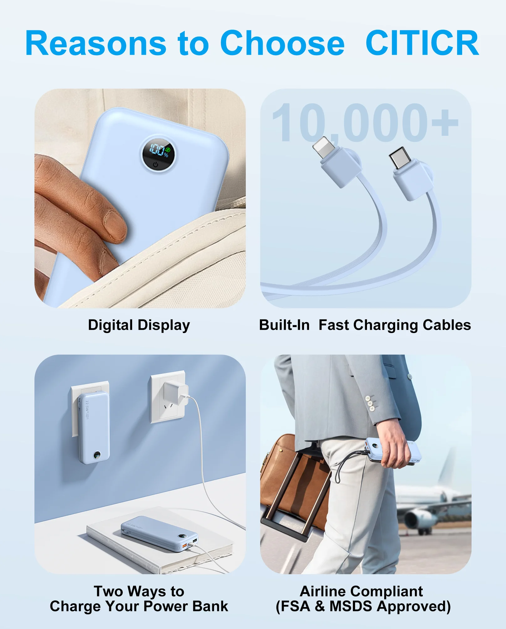 【Blue】12000mAh AC Wall Plug Power Bank with Built-in Dual Cables & Digital Display, Portable Charger for Smartphones 6