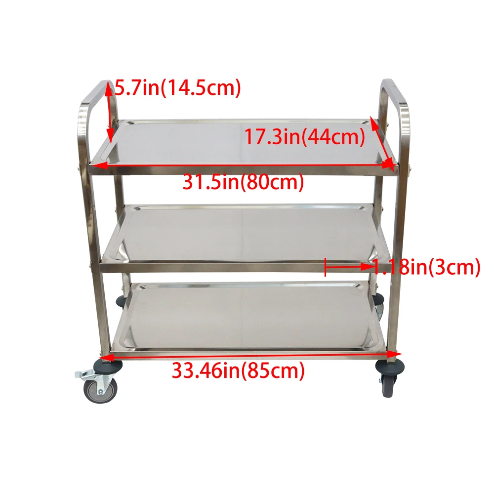 Stainless Steel Cart 3 Layers Lab Utility Cart Medical W/ Lockable Universal Wheels for Lab Clinic Kitchen Salon