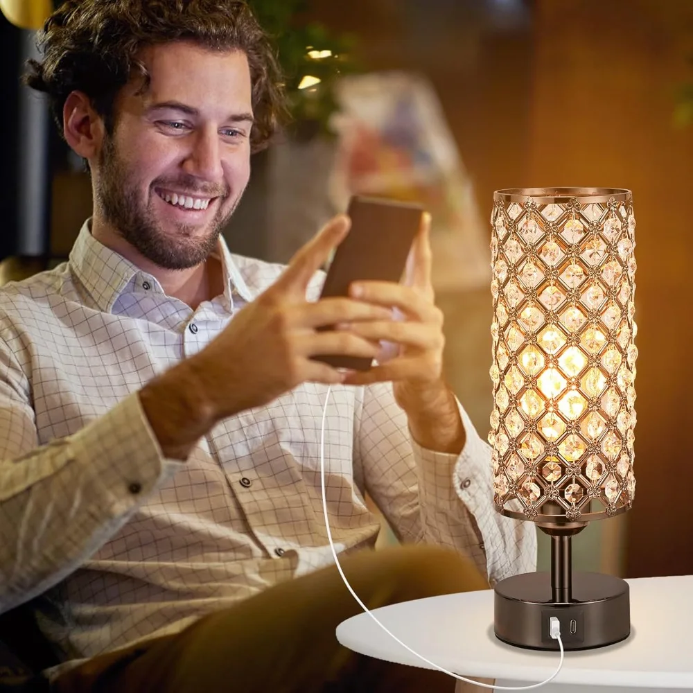 Modern Crystal Touch Table Lamp with USB Ports