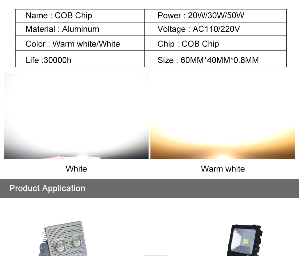 Description Picture 6 of itemLED chip COB Lamp Bead 20W 30W 50W  AC 220V Smart IC No Need Driver Lampada outdoor chip light floodlight spotlight Diy Lighting