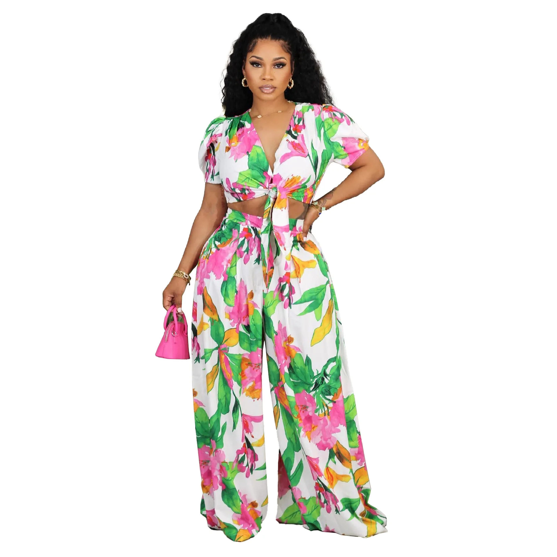 

AOSKM2023 New Summer K2761 Europe And The United States Sexy Fashion, Broad Legs Straight Tube Loose Short-Sleeved Women Suit