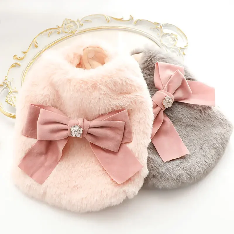

Cute Bow Autumn and Winter Cat Costume Fashion Plus Velvet Warm Pet Clothing Casual Solid Designer Dog Clothes for Small Dogs