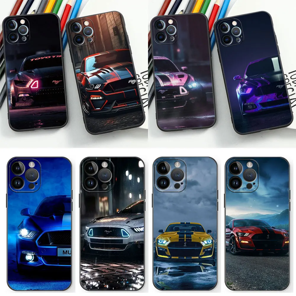 

Luxury Sport Car M-Mustang Car Phone Case For Apple iPhone 15 14 13 12 11 Pro Max Mini 8 7 Plus X XR XS SE 2020 Black Soft Cover