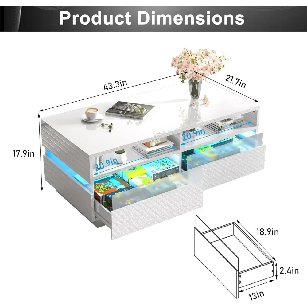 Coffee Table, Modern High Glossy LED Coffees Tables W/ 2 Storage Drawers, Coffee Table 3