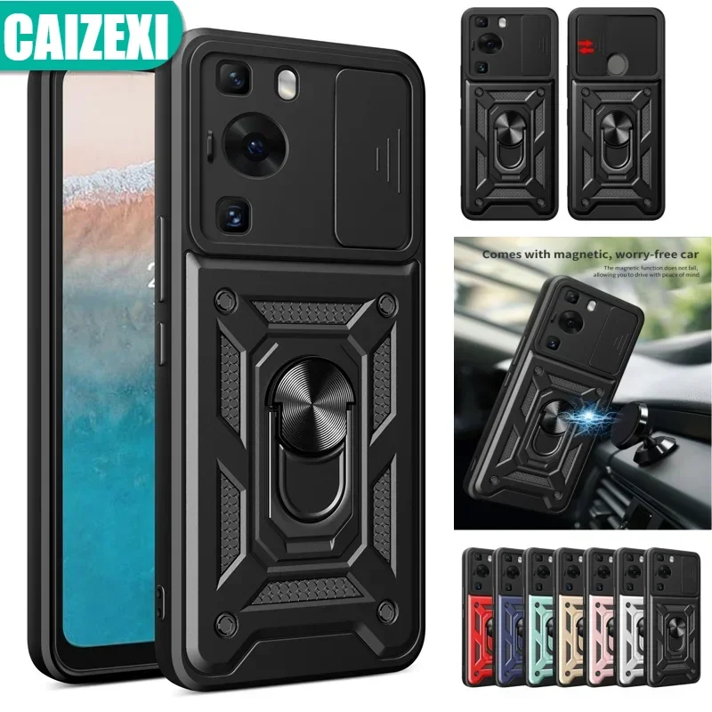 Armor Shockproof Magnetic Ring Stand Holder Case with Slide Camera Lens Cover