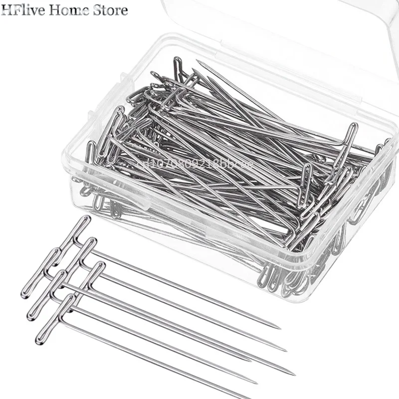 50Pcs Wig T Pins for Holding Wigs Silver 27-53mm Long T-pins Styling Tools For Wig Display Macrame Modelling with Box