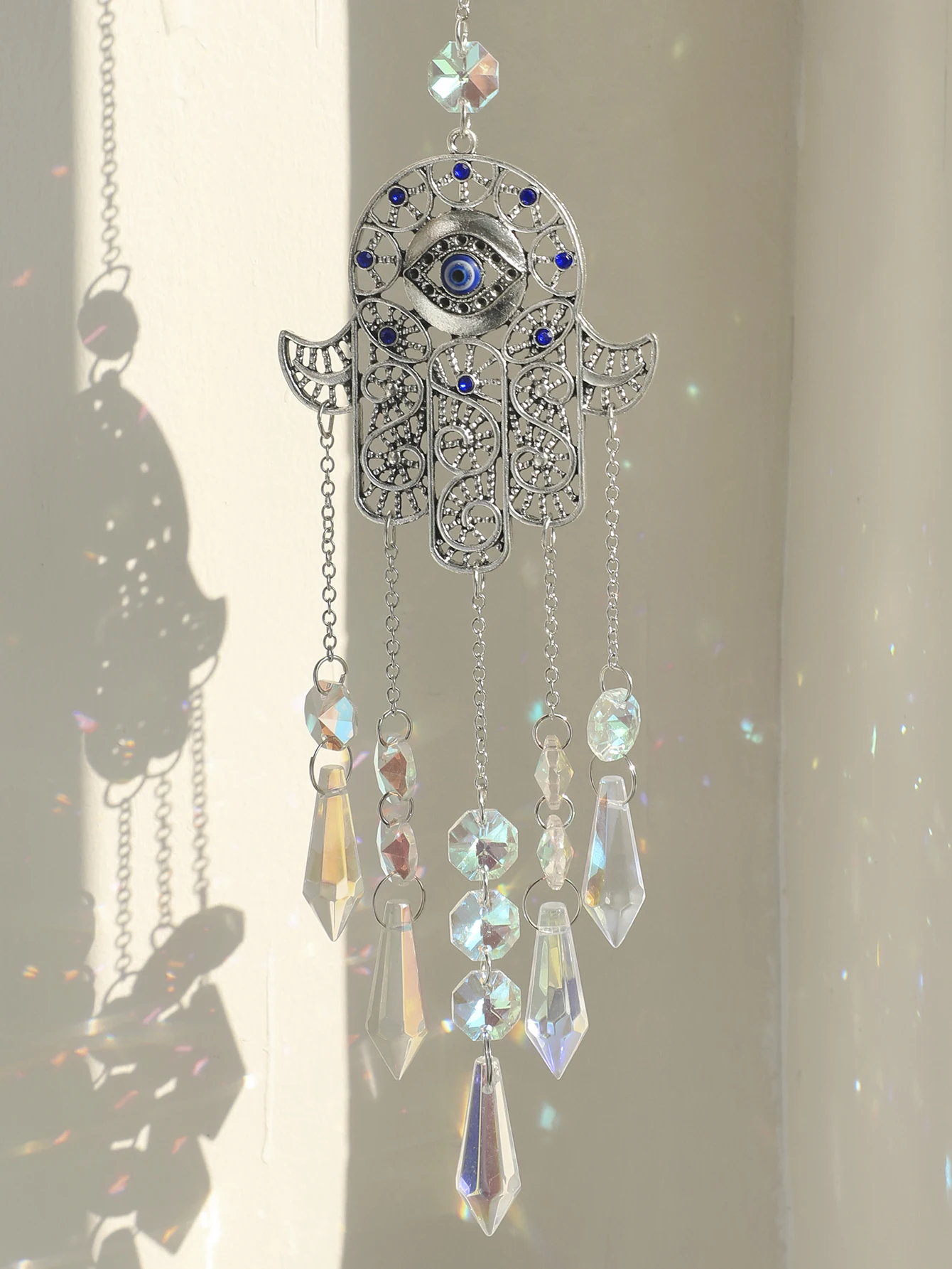Hanging Evil Eye Crystals Sun Catcher Hamsa Hand Rainbow Maker Chakra Stained Glass Light Catcher Prism Home Garden Decoration