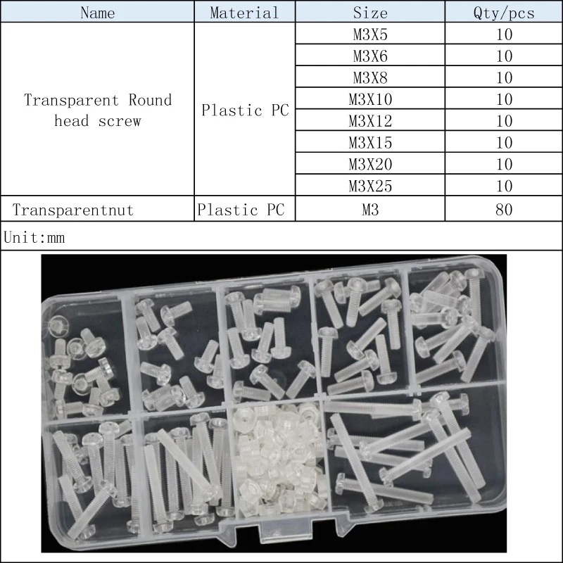 Transparent Pan Head Screw 160Pcs/Sets M3 Acrylic Clear Plastic Nylon M3 Round Phillips Head Screw Bolt with Nut
