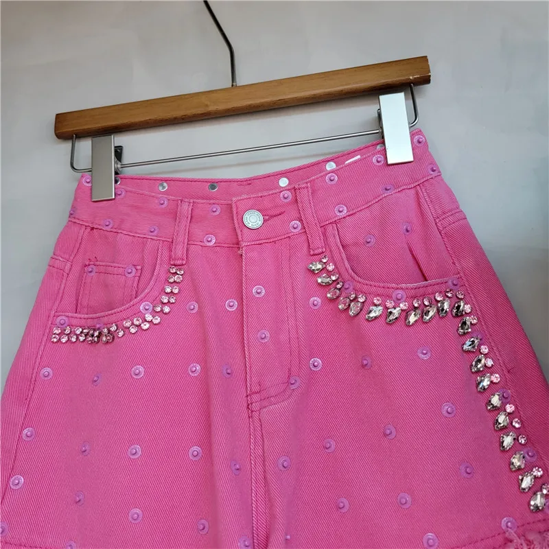 Exquisite Rhinestone Raw Edge Denim Shorts for Women 2024 Summer New High Waist Slimming A- Line Wide-Leg Hot Pants Booty Shorts