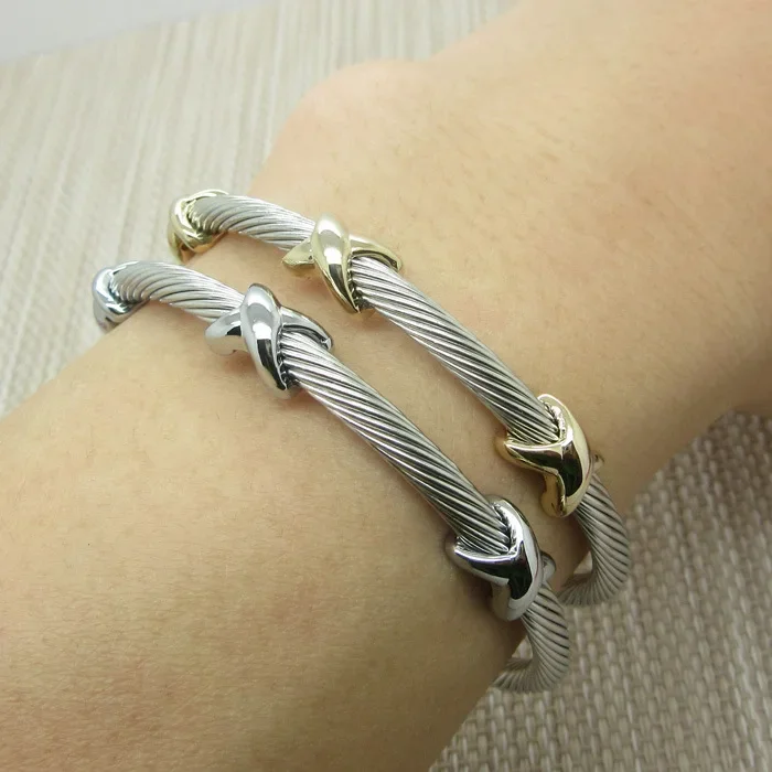 

Fashion Punk Silver Color Gold Stainless Steel Wire Cross Clasp Twisted Cable Bangles Cuff Bracelets Pulseiras Jewelry