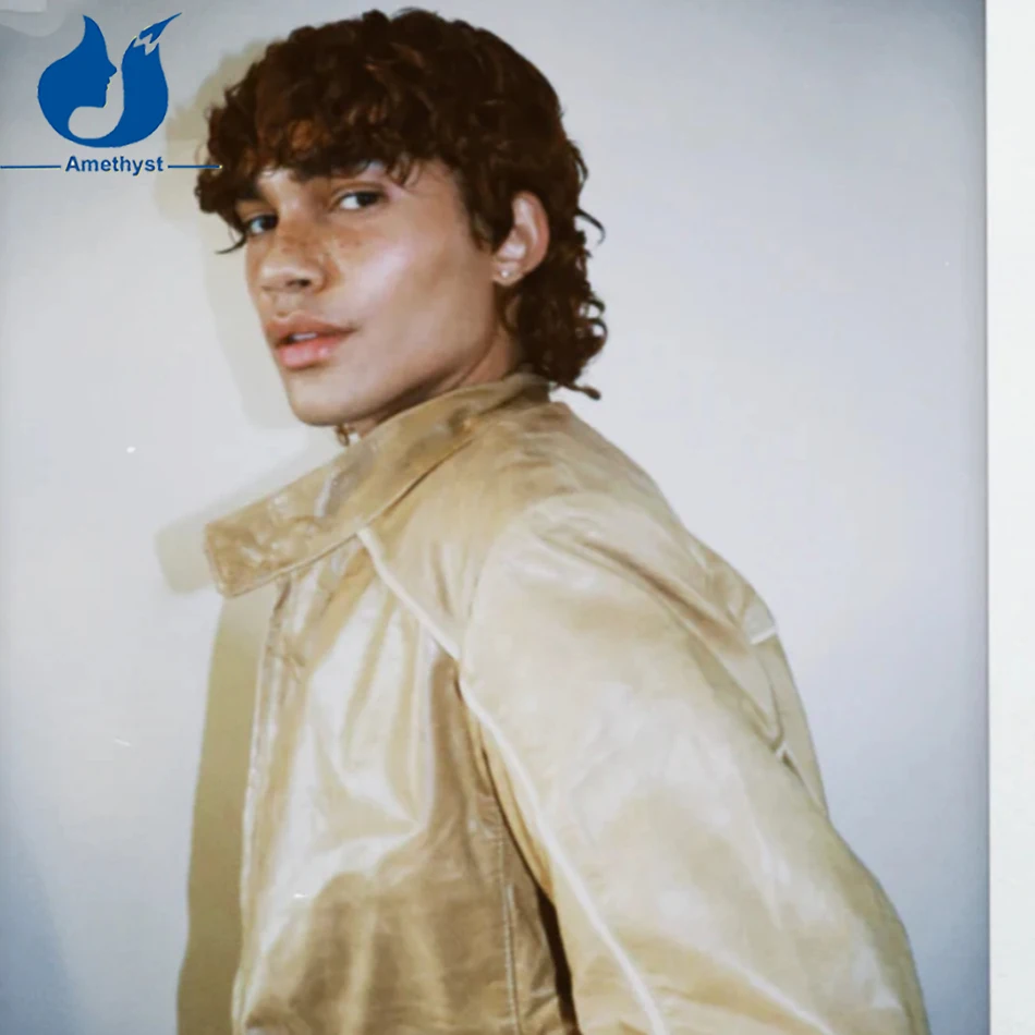 Amethyst Short Curly Color #4 Brown Mullet Wig with Bang for Men Human Hair Full Lace Brazilian Remy Pixie Cut Male Hair