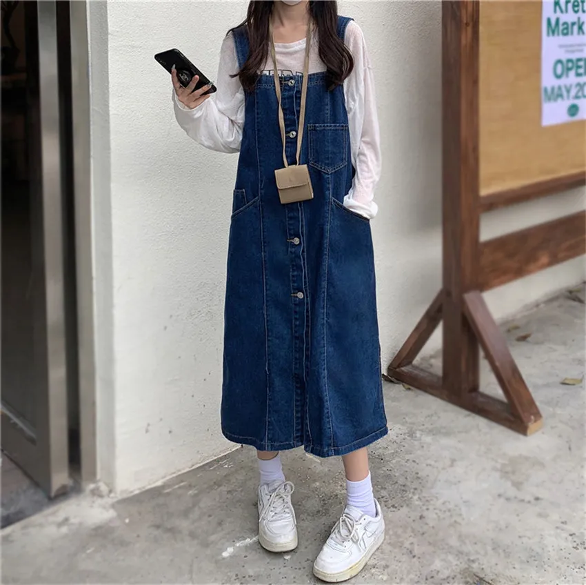 

Korean Style Denim Dresses For Women 2022 Spring Summer Long Jeans Dress Streetwear Single Breasted Jeans Dress Sundress