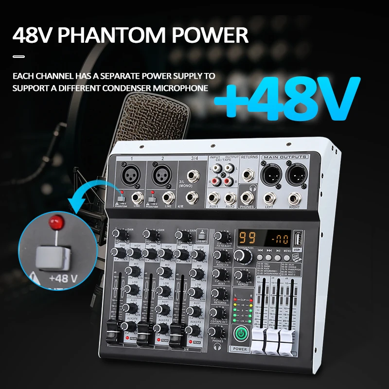 KP4 오디오 믹서 4채널 99개 DSP 이펙트 레코드 PC 48V 팬텀 파워 USB 사운드 믹서 블루투스 DJ 콘솔 믹싱 (노래방용)