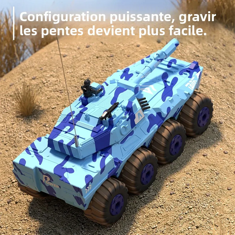 Robot Tank RC 1802 en mouvement sur un terrain accidenté, soulevant de la poussière, char télécommandé performant pour enfants et adultes.