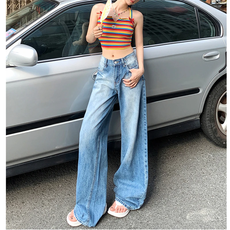 

Women's American Retro Blue Loose Wide Legs Jeans Young Girl Street Style Baggy Bottoms Vintage Casual Trousers Female Pants