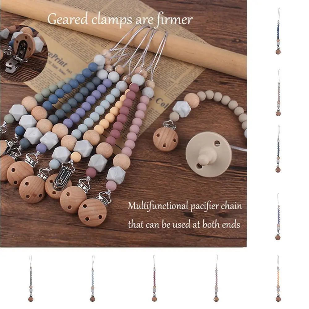 

Geometric Pacifier Clips Chain Silicone Beads Wood Nipple Holder Clips Teether Toys Straps Dummy Clips Soother Holder Toddler