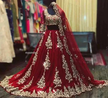 Abiti da sposa bordeaux arabi indiani sexy con velo a mantella Due pezzi in pizzo dorato Mezza manica musulmana Blu Dubai Abito da sposa personalizzato
