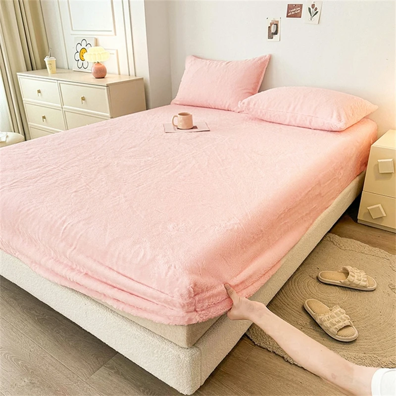 

Warm Winter King Size Mattress Cover 180x200 Elastic Fitted Sheet Coral Velvet Bedsheets Set With Pillows Case Bedding Set