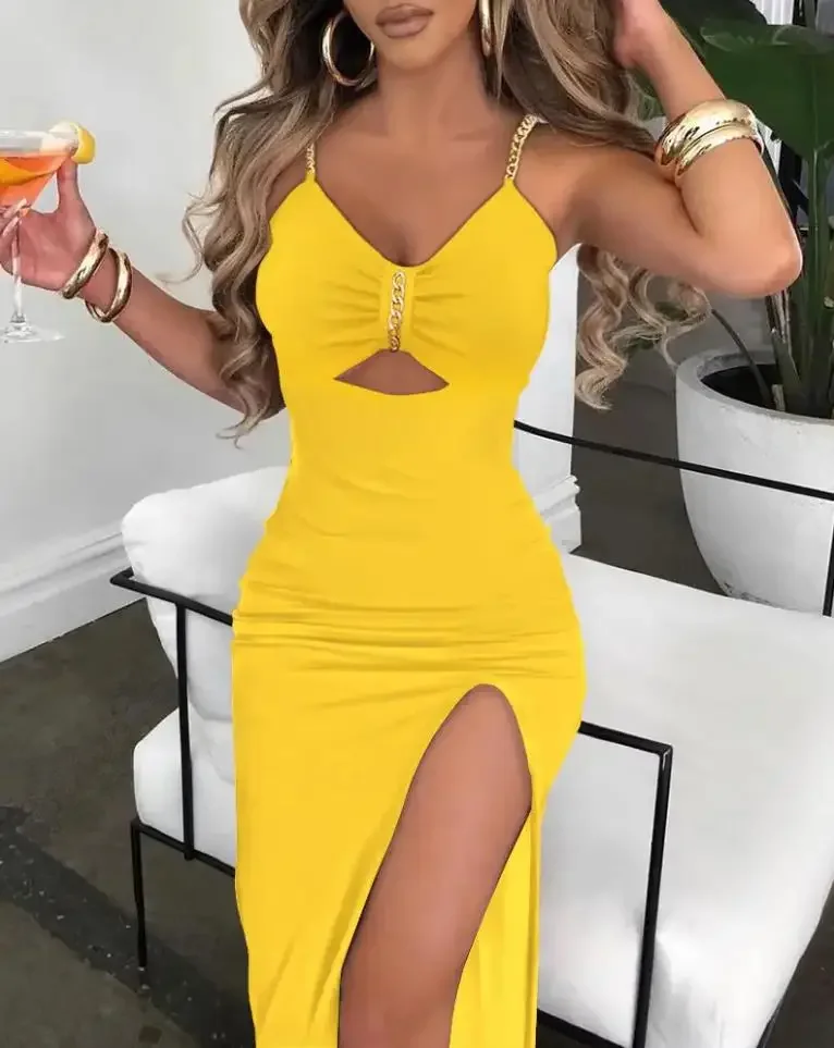 

Party Elegant Dress for Women 2024 Summer Fashion Eyelet Embroidery Chain Strap High Slit Sexy Bodycon Long Dresses Streetwear