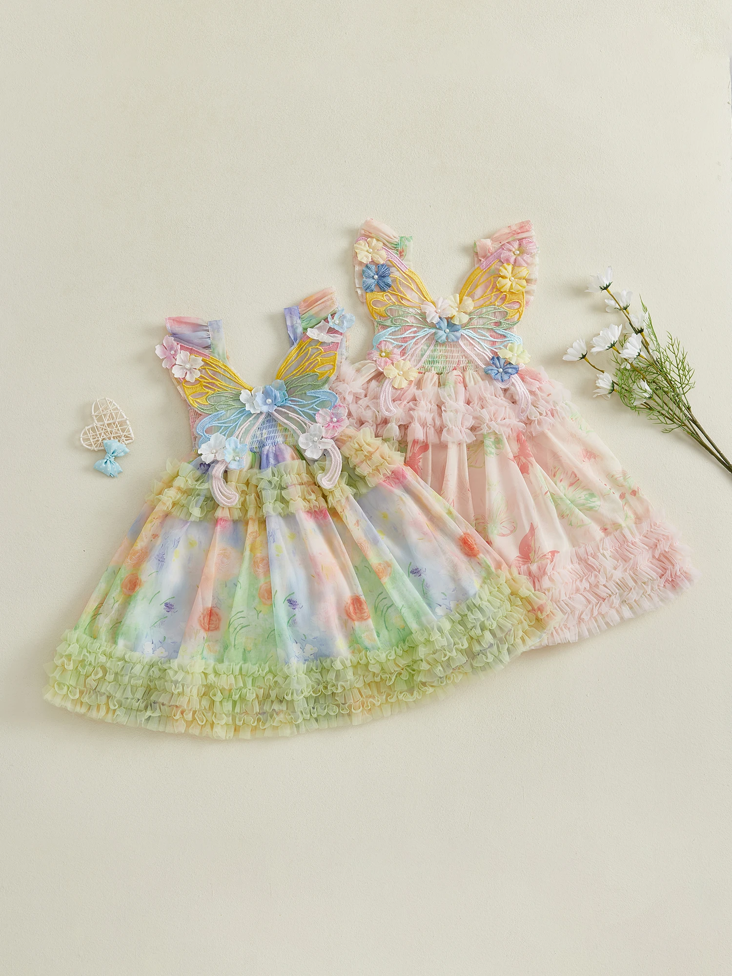 FOCUSNORM 1-5 Jahre Kleine Kinder Mädchen Kleid Schmetterlingsdruck Fliegenärmel Rüschen Freizeitkleid Kinder Mode Sommerkleid – Detail 5