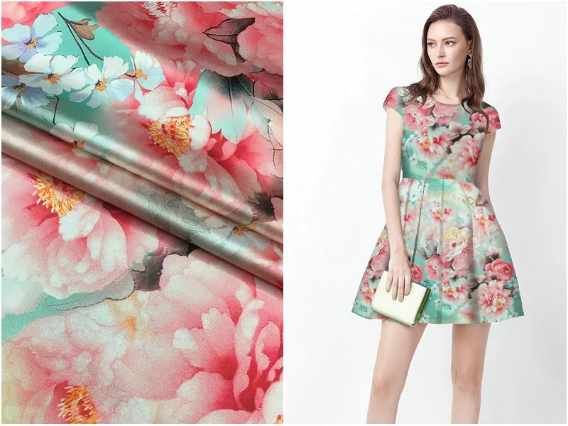 

Temperament Ladies Pink Peony Spray-painted Heavy Silk Satin Fabric Thickened 40 Mmi Cheongsam Mulberry Silk Fabric Brocade Div