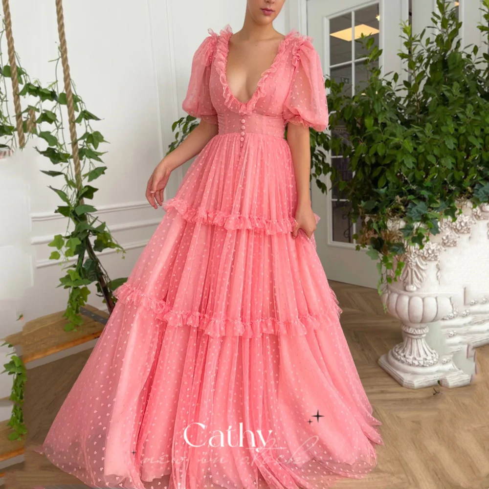 

Cathy Princess V-neck Prom Dress Sweet Puffy Sleeve Evening Dress Cute A-line فساتين مناسبة رسمية Elegant Prom Gown 2023
