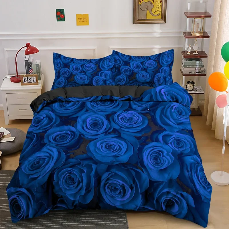 Red Rose King Queen Duvet Cover Romantic Flowers Bedding Set For Kids Teens Adults Girly 3D Floral Black Soft 2/3pcs Quilt Cover