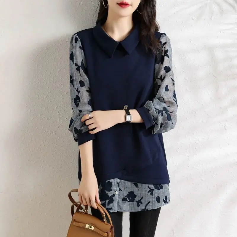 Womens Clothing Autumn Korean Fashion Print Patchwork Elegant Tunic Tops Casual Long Sleeve Loose Irregular Pullover Sweatshirts
