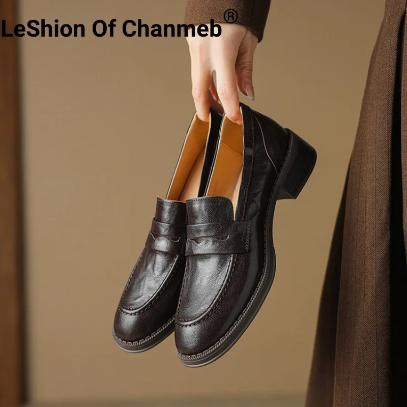 

LeShion Of Chanmeb Handmade Sheepskin Loafers Women Round Toe Block Medium Heels Leisure Penny Loafer Woman Plus Size 42 43 Shoe