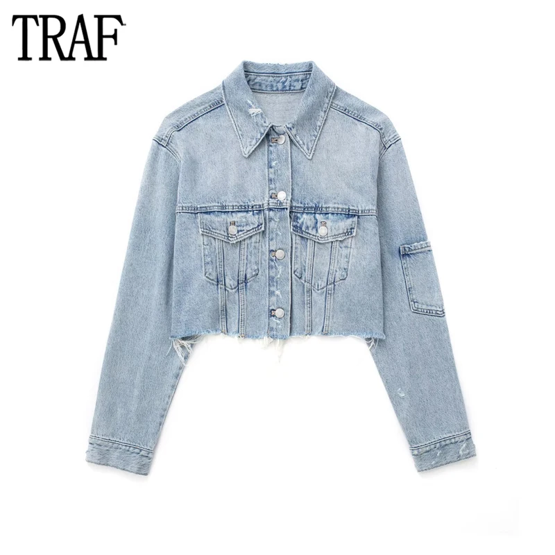 

TRAF Cropped Denim Jacket Women Blue Jean Jackets for Women 2023 Long Sleeve Bomber Jacket Woman Streetwear Ripped Jackets Coats