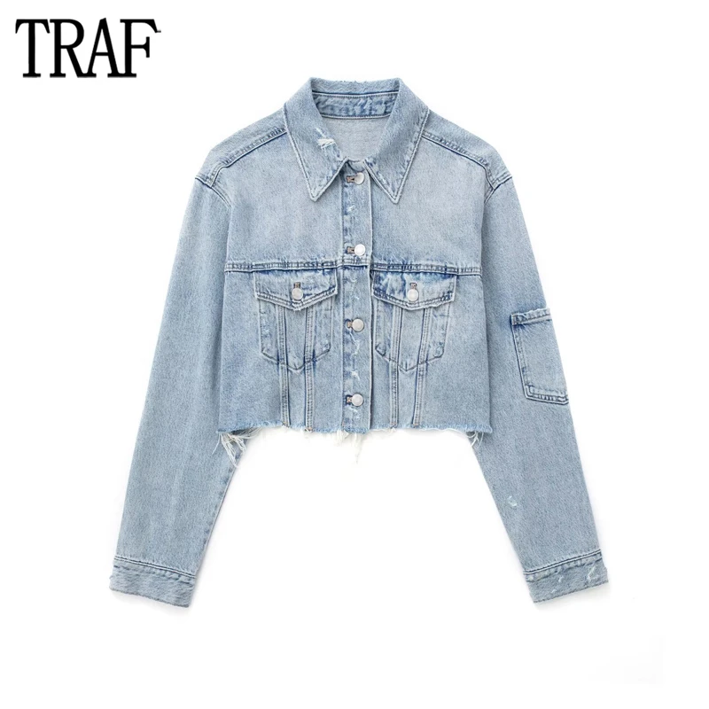 Traf Cropped Denim Jacket Women Blue Jean Jackets For Women 2023 Long