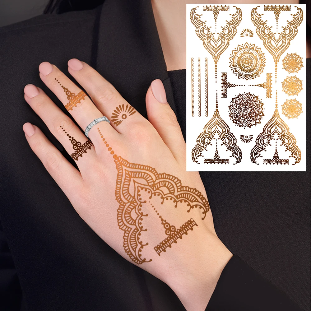 

Gold Henna Flower Temporary Tattoos For Women Adults Realistic Lace Sun Moon Fake Tattoo Sticker Waterproof Finger Tatoos DIY