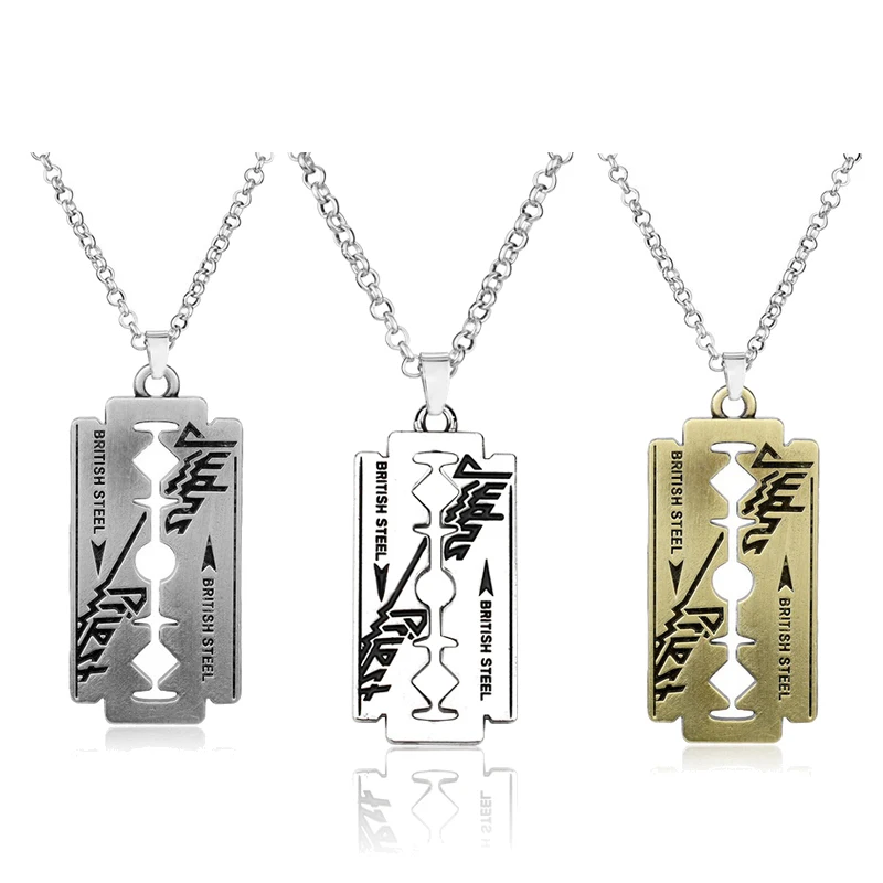 

Hip Hop Rock Band Judas Priest Blade Razor Shape Pendant Necklace Long Chain Men Metal Necklace