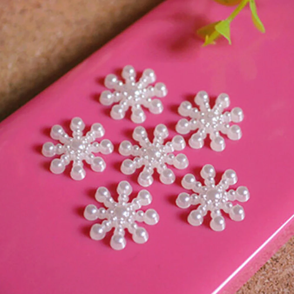 Christmas Ornaments,Winter Snow Decoration 100pcs White Pearl Resin Snowflake Flatbacks Embellishments DIY Phone Christmas Decorations Scrapbooking Crafts 12mm