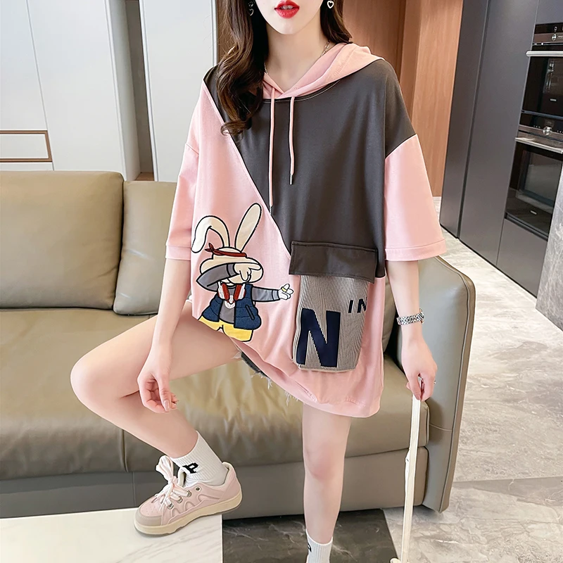 

2023 Summer New Korean Style Spliced Hooded T-shirt Casual Loose Women 3/4 Sleeve T-shirt Cotton Cartoon Printed T-shirt X7928