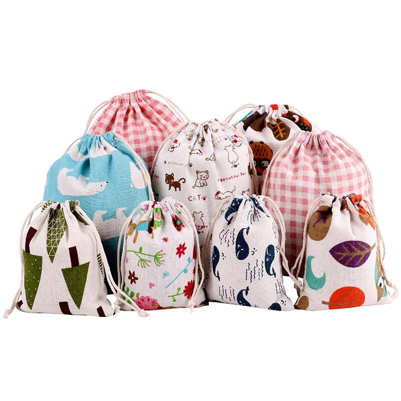 Cotton Linen Fabric Pouch Drawstring Bag Cute Animal Plant Print Kids Travel Cloth Shoes Storage Bag Makeup Case Xmas Gift Bag