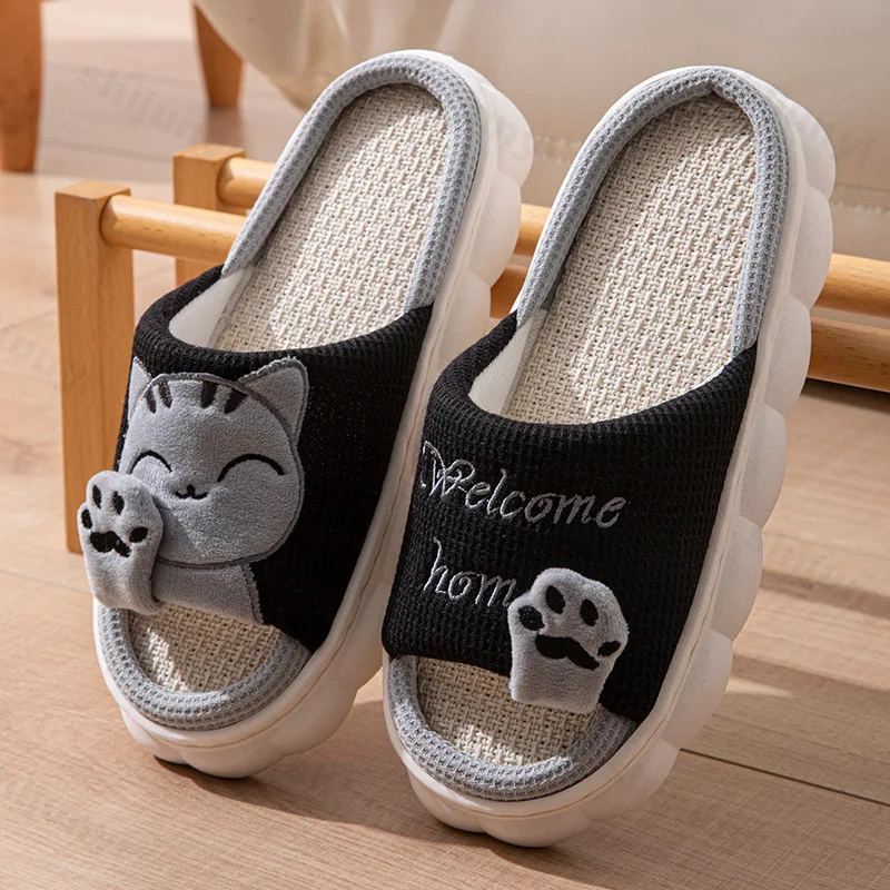 Women House Casual Slippers 2026 Spring Autumn Linen Platform Cute Cartoon Cat Floor Indoor Slippers Fashion Elegant Home Shoes - 5