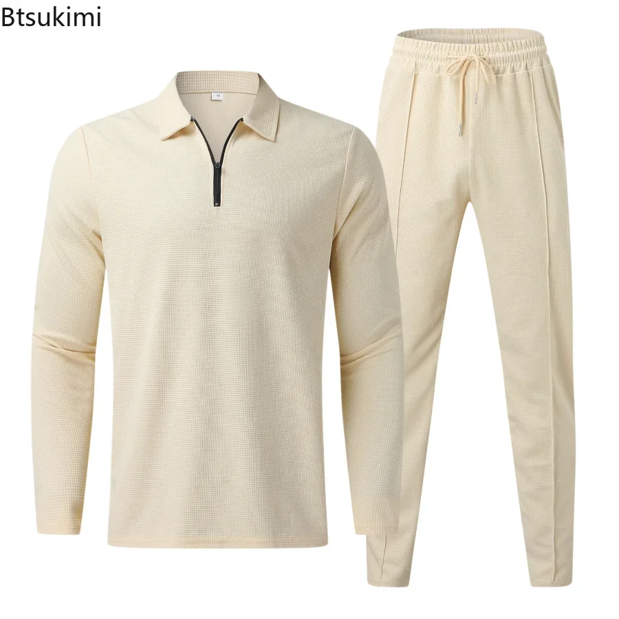 New 2024 Men's Casual Long Sleeve Polo Shirt+Sweatpants Suit Sets Solid Men V-neck Sweatshirt Clothing Sets 2PCS Mens Clothes
