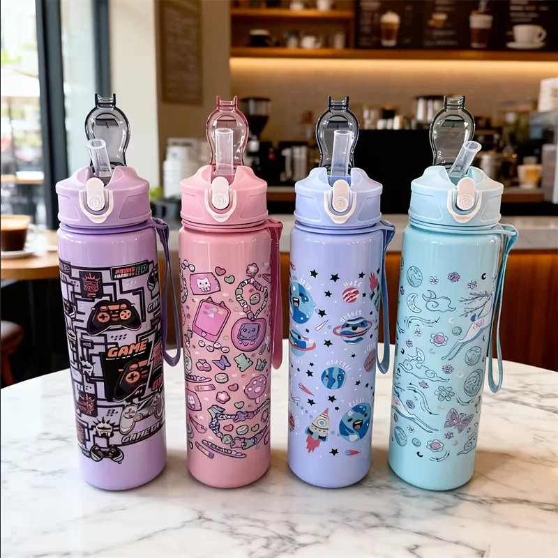 750ml Cute Cartoon Pattern Plastic Water Cup, Large Capacity, Portable, Leak-Proof, with Carrying Strap and Straw, for Travel