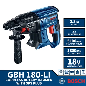 BOSCH-GBH 180-LI 브러시리스 무선 로터리 해머, SDS 플러스 드릴 포함, 18V 리튬 배터리 전동 공구, 5100BPM 2J