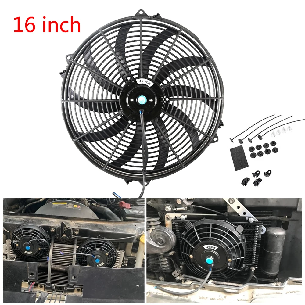 

16 Inch Universal 12V 120W Slim Reversible Black Blade Electric Cooling Radiator Auto Fan Mounting Kit