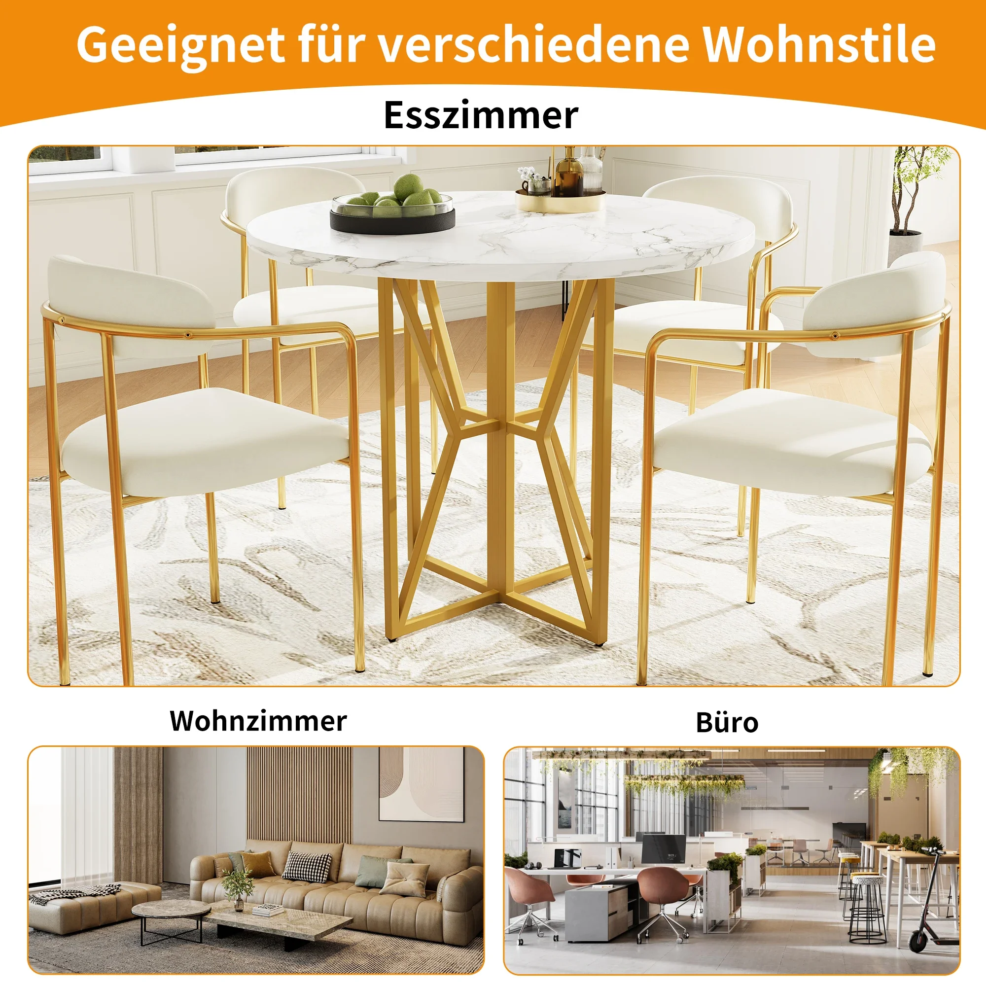 80 x 80 x 76 cm runder Esstisch, mit goldenen Beinen, marmorierte MDF-Arbeitsplatte, runder Tisch für 4–6 Personen, geeignet für Esszimmer – Detail 4