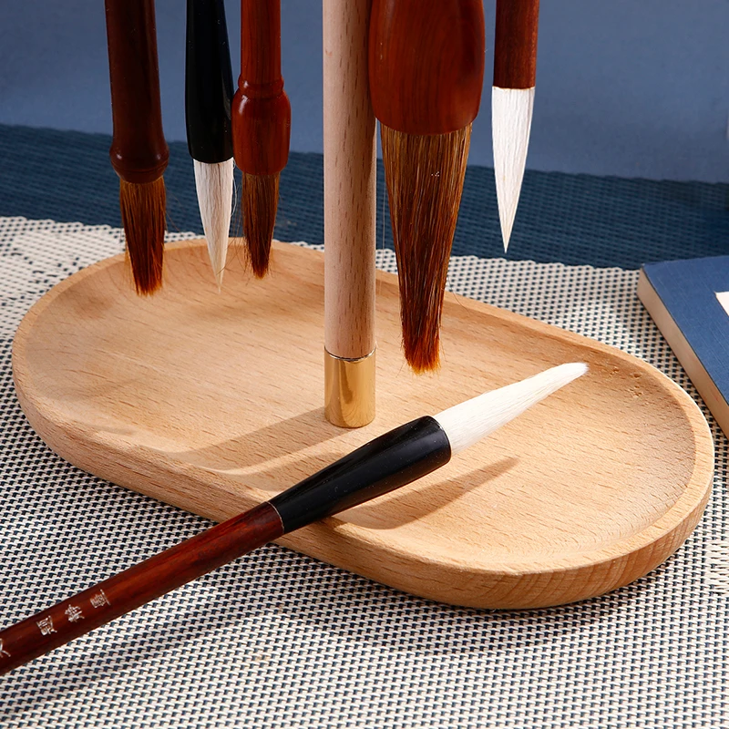 Wooden Chinese Brush Pen Holder with Beechwood Base Calligraphy Rest Ink Hanger 6 Hooks Writing Brush Holder School Stationery