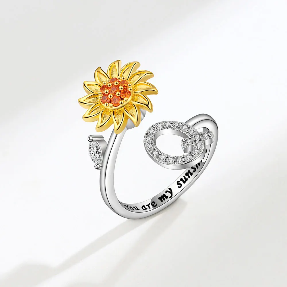 KOFSAC Adjustable Size Sunflower Rotatable Ring Women Personality Zircon 26 English Letter Rings 925 Silver Gold Two Color Ring 5