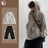 Autumn College Casual Set Men Japanese Harajuku Zipper Fleece Hoodie Jacket+Retro Wide Leg Pants 2-piece Street Fashion Suit 1